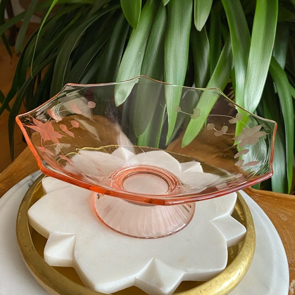 Depression Glass Lancaster Floral Etched Octagon Pedestal Candy Console Bowl - Picture 8 of 9